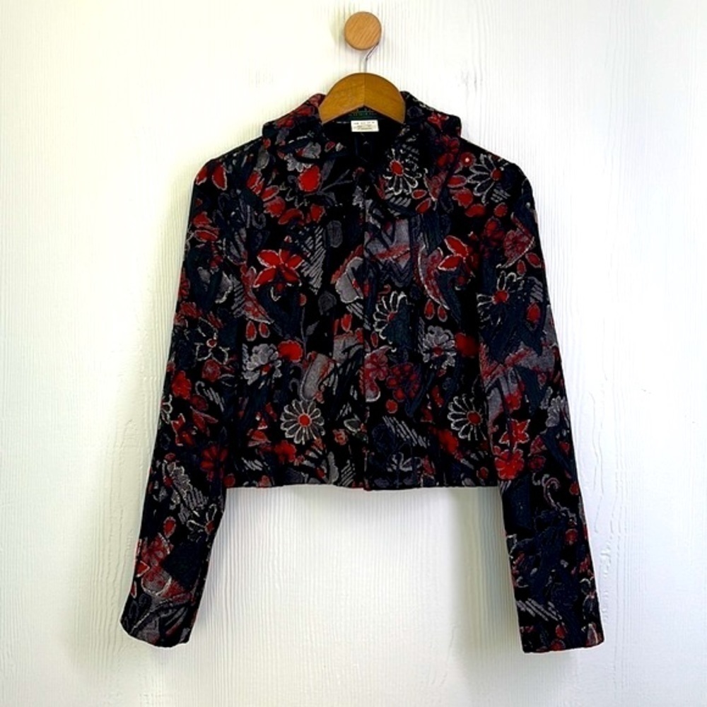 Harve Benard - Black Embroidered Ruffle Neck Open Long Sleeve Crop Jacket Size 8 - Picture 9 of 12